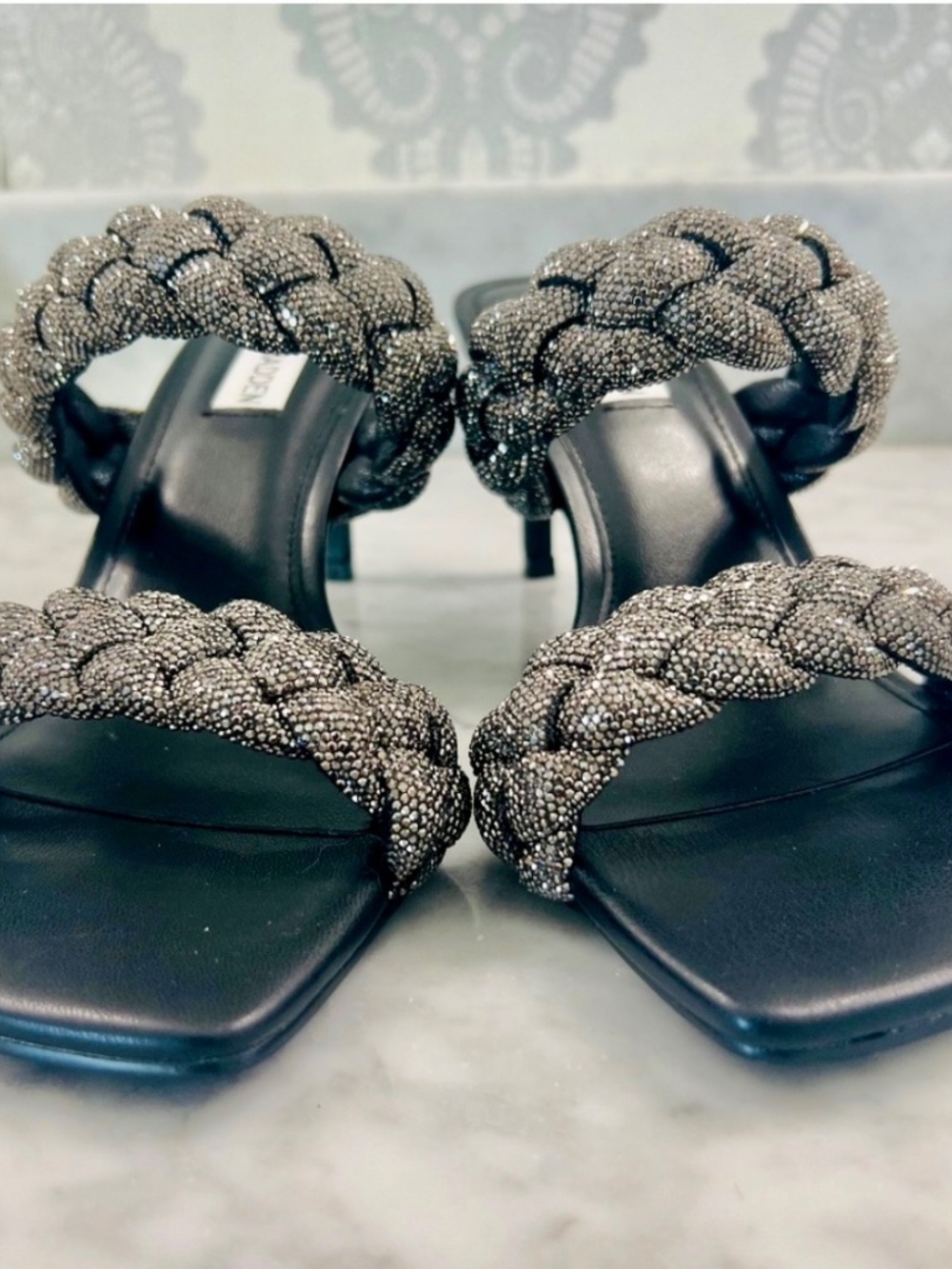 Steve Madden Kenley Women's Braided Black Rhinestone Heeled Sandals Sz 8 - Picture 4 of 11